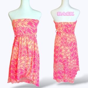 🔵 Rue21 Pink Beige Geometric Print Strapless High-Low Summer Midi Dress Small